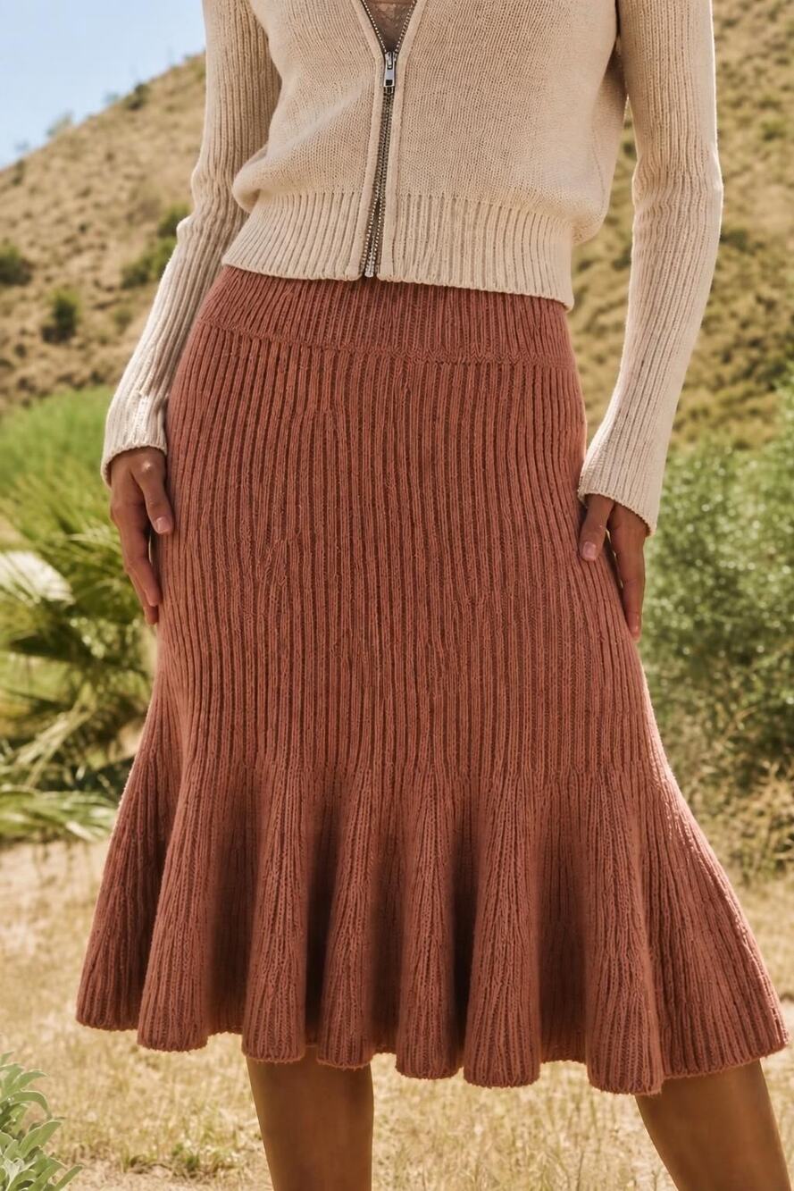 Free People Large Solid Gold Ribbed Flounce Mini Skirt Cocoa Heather Boho